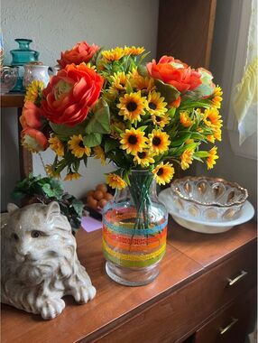 Anchor Hocking "Rainbow" Juice Carafe W/Artificial Flowers